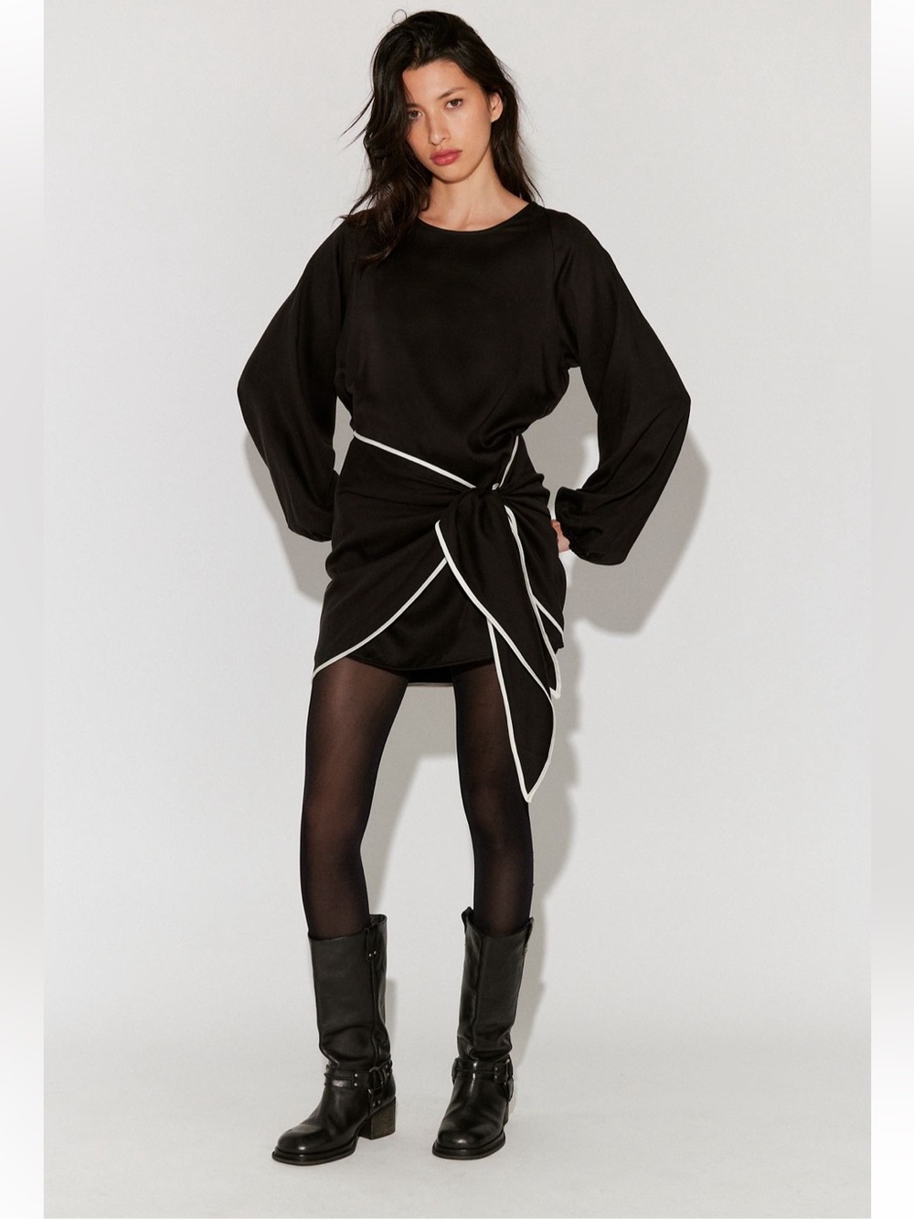 Third Form Black Mini Dress with White Trim Tie Detail
